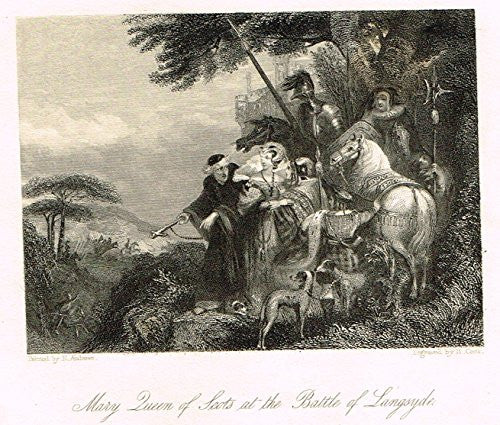 Miniature Print - MARY QUEEN OF SCOTS AT THE BATTLE OF LANGSUDE by Cook - Steel Engraving - c1850