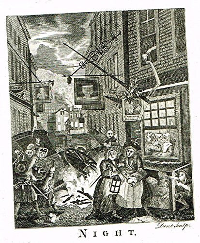 Hogarth's Illustrated - "TIMES OF DAY - NIGHT" -  Antique Copper Engraving - 1794