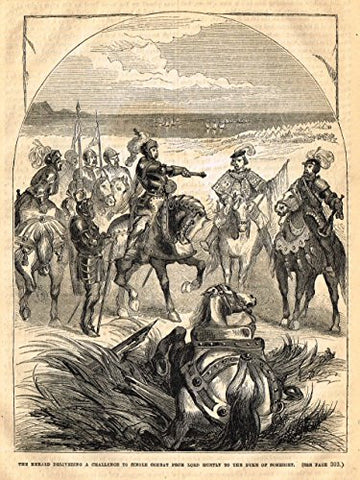 Cassell's - THE HERALD DELIVERING A CHANLLENGE TO COMBAT FROM LORD HUNTLY - Engraving - 1857