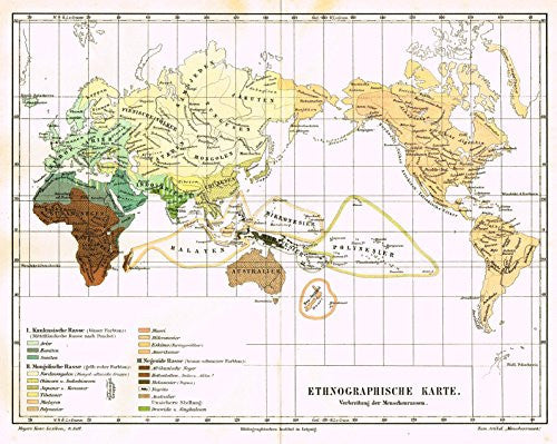 Meyers' Lexicon Map - "ETHNOGRAPHIC WORLD MAP" - Chromolithograph - 1913