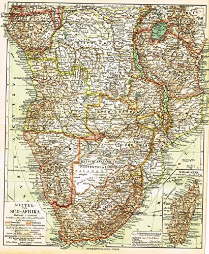 Meyers' Lexicon Map - "RESOURCES AND SOUTH AFRICA" - Chromolithograph - 1913