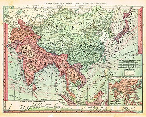 Barnes's Geography - "SOUTH EASTERN ASIA" Chromolithographic Map by Monteith -1875