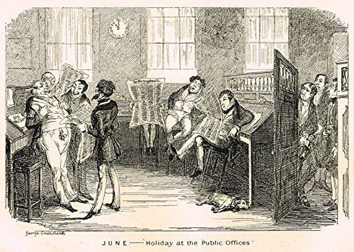 Cruikshank's Almanack - "JUNE - HOLIDAY AT THE PUBLIC OFFICES" - Engraving - 1836