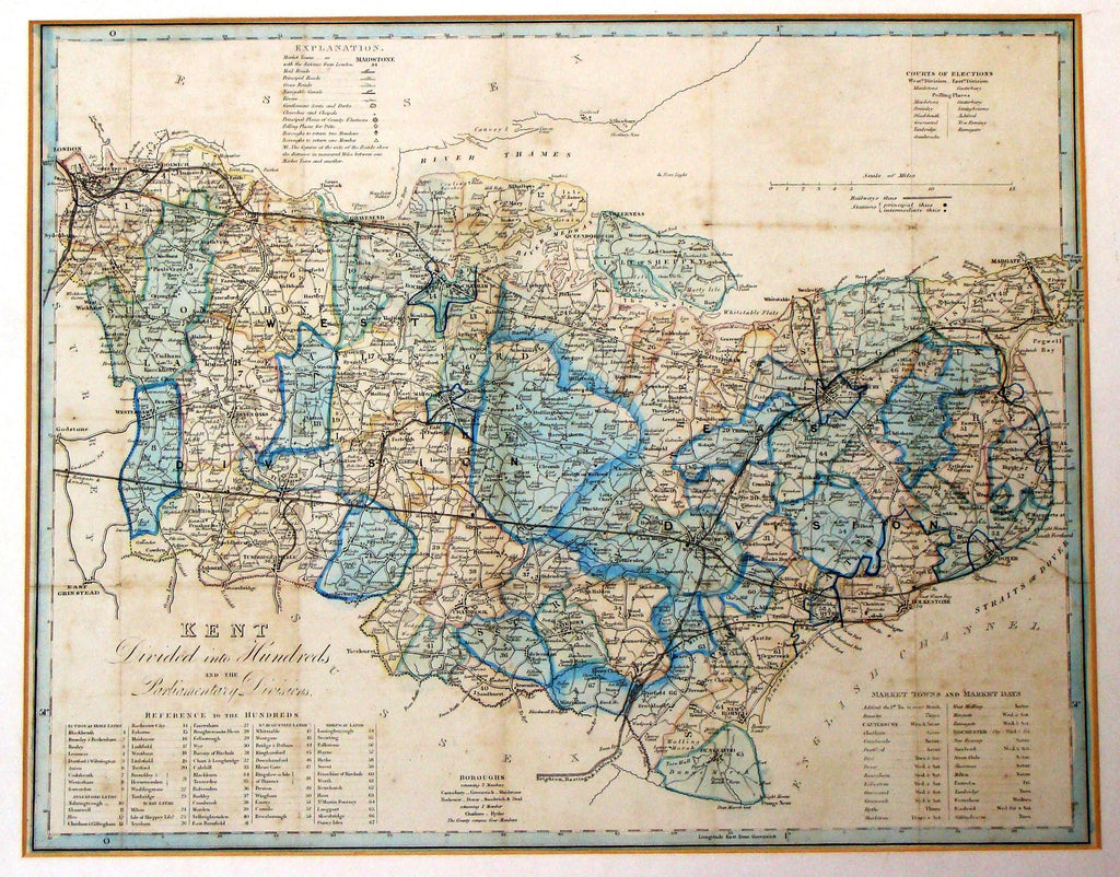 Antique Map - Darton's "KENT, DIVIDED INTO HUNDREDS" - Hand Col'd Litho - 1848
