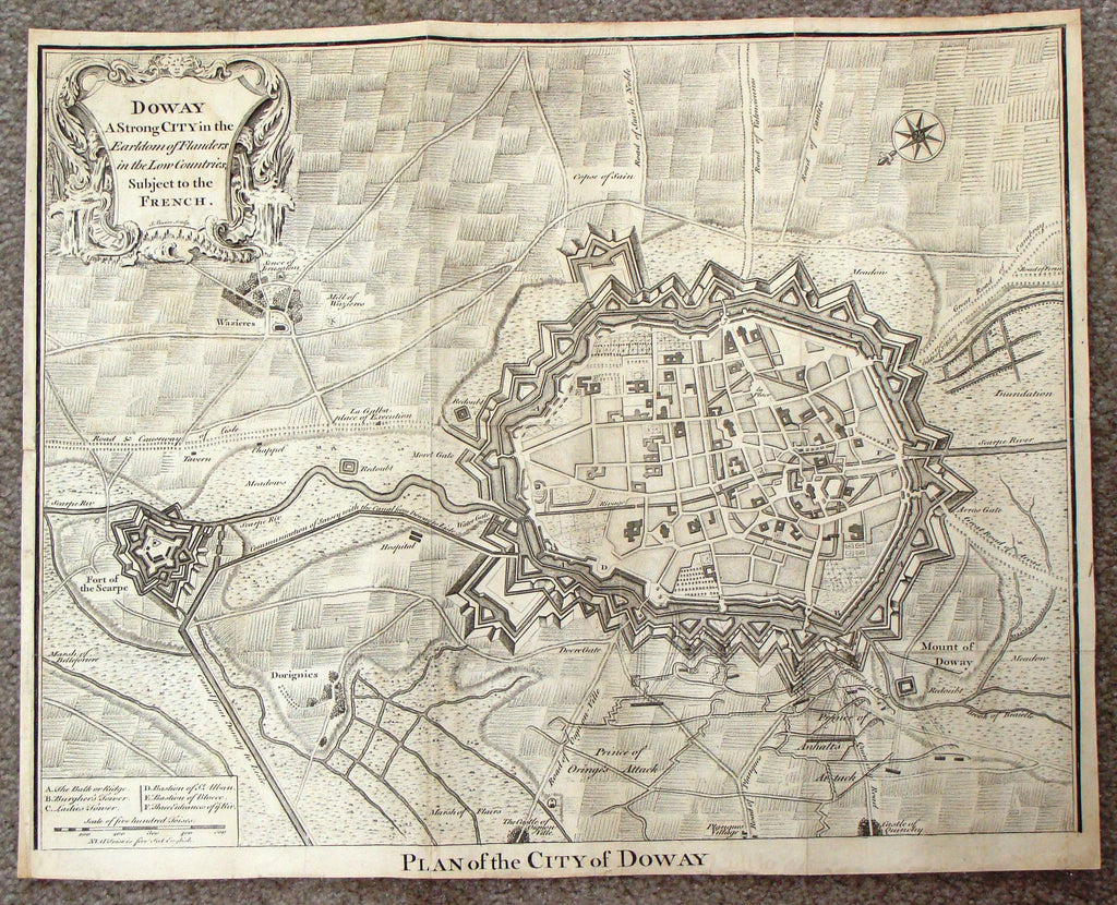 Antique Map - Basire's "PLAN OF THE CITY OF DOWAY" (Netherlands)  - Copper Engraving - 1745