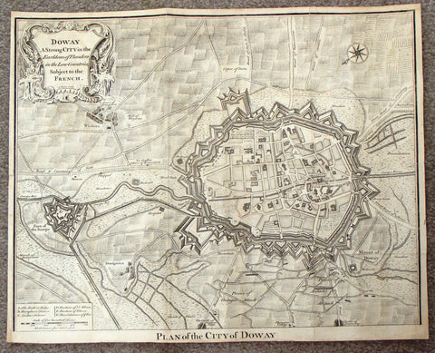 Antique Map - Basire's "PLAN OF THE CITY OF DOWAY" (Netherlands)  - Copper Engraving - 1745