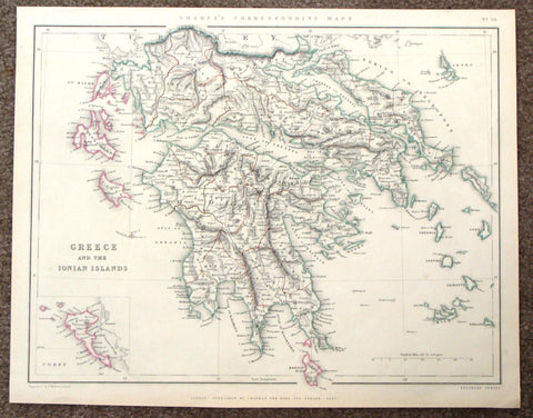 Antique Map - Lowry's "GREECE AND THE IONIAN ISLANDS" - Hand Col'd Lithograph - 1847