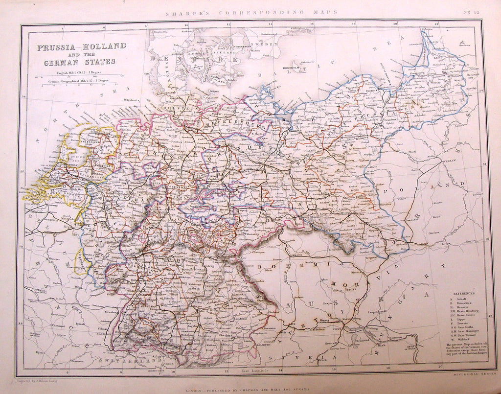 Antique Map by Lowry - "PRUSSIA, HOLLAND AND THE GERMAN STATES" - Coloured - 1849