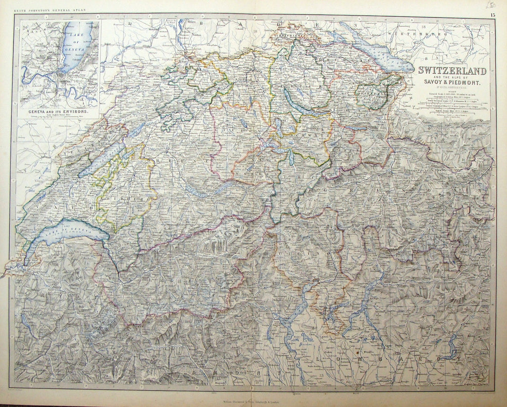 Large Antique Map by Johnston - SWITZERLAND & THE ALPS OF SAVOY & PIEDMONT - Coloured - 1861