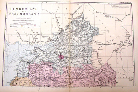 Antique Map - Bacon's "CUMBERLAND & WESTMORLAND REDUCED FROM THE ORDNANCE SURVEY" - Chromo - 1885