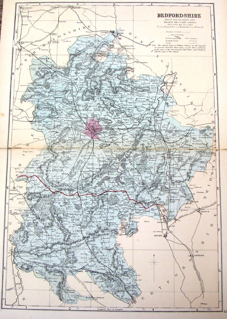 Antique Map - Bacon's "BEDFORDSHIRE REDUCED FROM THE ORDNANCE SURVEY" - Chromolithograph - 1885