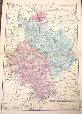 Antique Map - Bacon's "HUNTINGDONSHIRE REDUCED FROM THE ORDNANCE SURVEY" - Chromolithograph - 1885