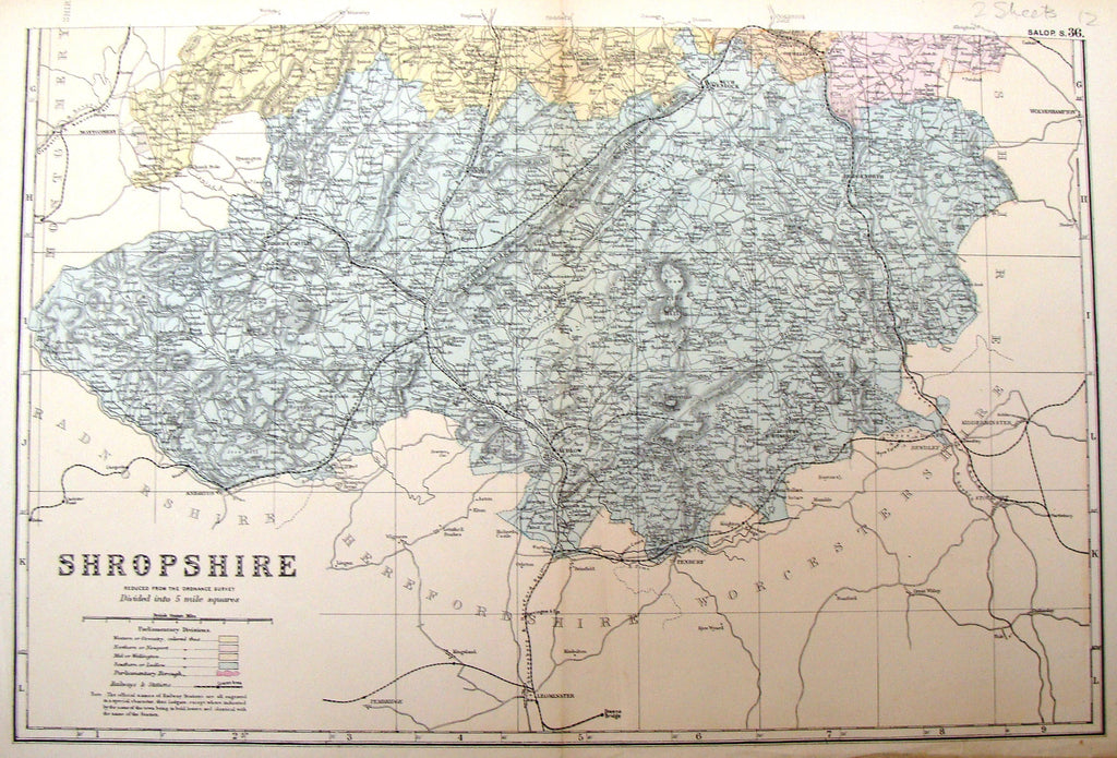 Antique Map - Bacon's "SHROPSHIRE REDUCED FROM THE ORDNANCE SURVEY" - Chromolithograph - 1885