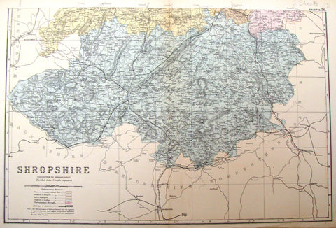 Antique Map - Bacon's "SHROPSHIRE REDUCED FROM THE ORDNANCE SURVEY" - Chromolithograph - 1885