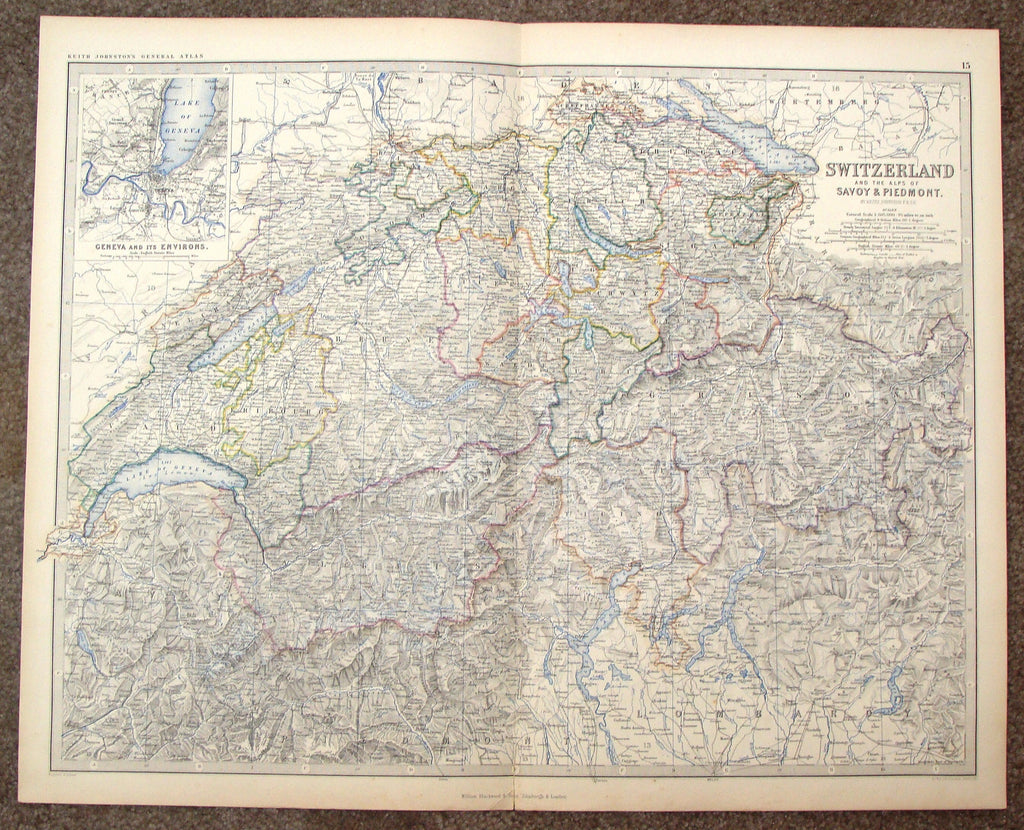 Antique Map - "SWITZERLAND AND THE ALPS OF SAVY & PIEDMONT" by Johnson - Chromolithograph - 1861