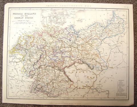 Antique Map - "PRUSSIA HOLLAND AND THE GERMAN STATES" by Lowry - Hand-Colored Steel Engraving - 1860