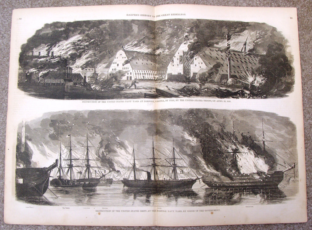 Harper's History - DESTRUCTION OF U.S. SHIPS AT NORFOLK NAVY YARDS -  Eng. - 1866