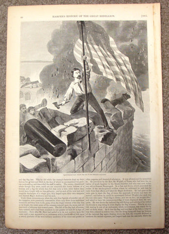 Harper's Pictorial History - "NAILING THE FLAG TO THE TEMPORARY FLAG STAFF" -  Large Engraving - 1866