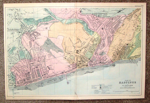 Antique Map - "PLAN OF HASTINGS AND ST. LEONARDS - #79" by Bacon - Chromolithograph - 1898