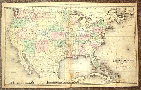 Antique Map - "UNITED STATES" by McNally's System  - Hand Colored Lithograph - 1855