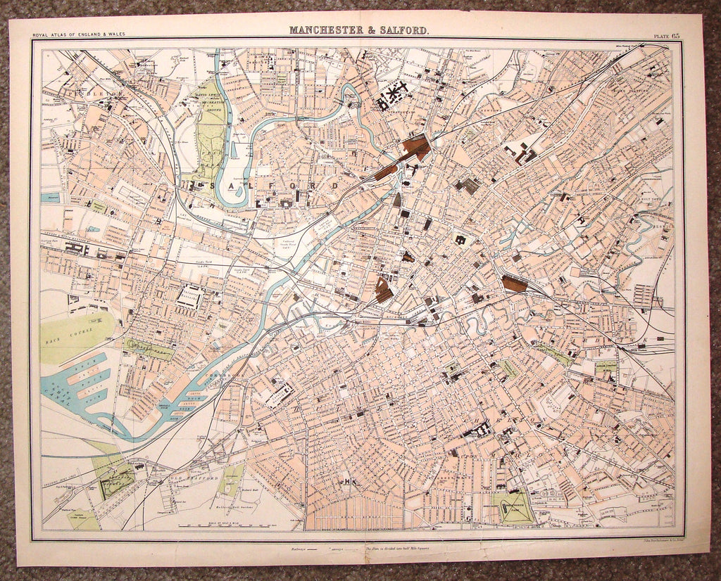 Antique Map - "MANCHESTER & SALFORD" by Bartholomew - Chromolithograph - c1875