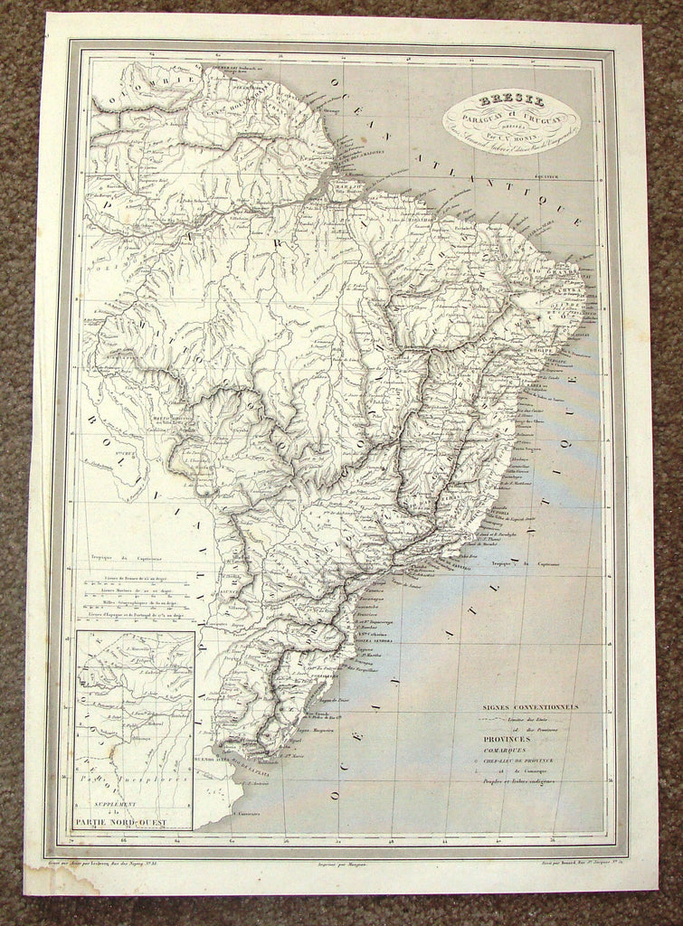 Antique Map - "BRESIL, PARAGUAY ET URUGUAY" by Monin - Steel Engraving - 1837