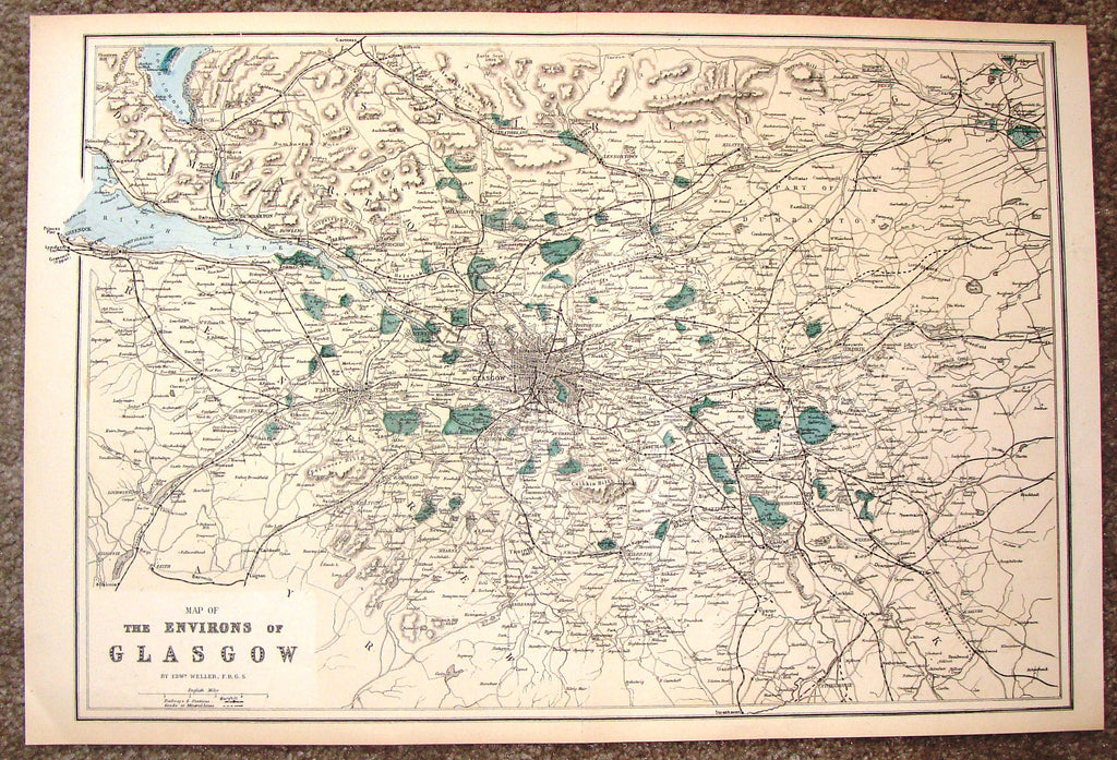 Antique Map - "THE ENVIRONS OF GLASGOW" by Weller - Chromolithograph - 1862