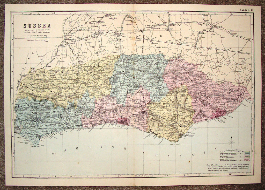 Antique Map - "SUSSEX" by Bacon - Chromolithograph - c1880