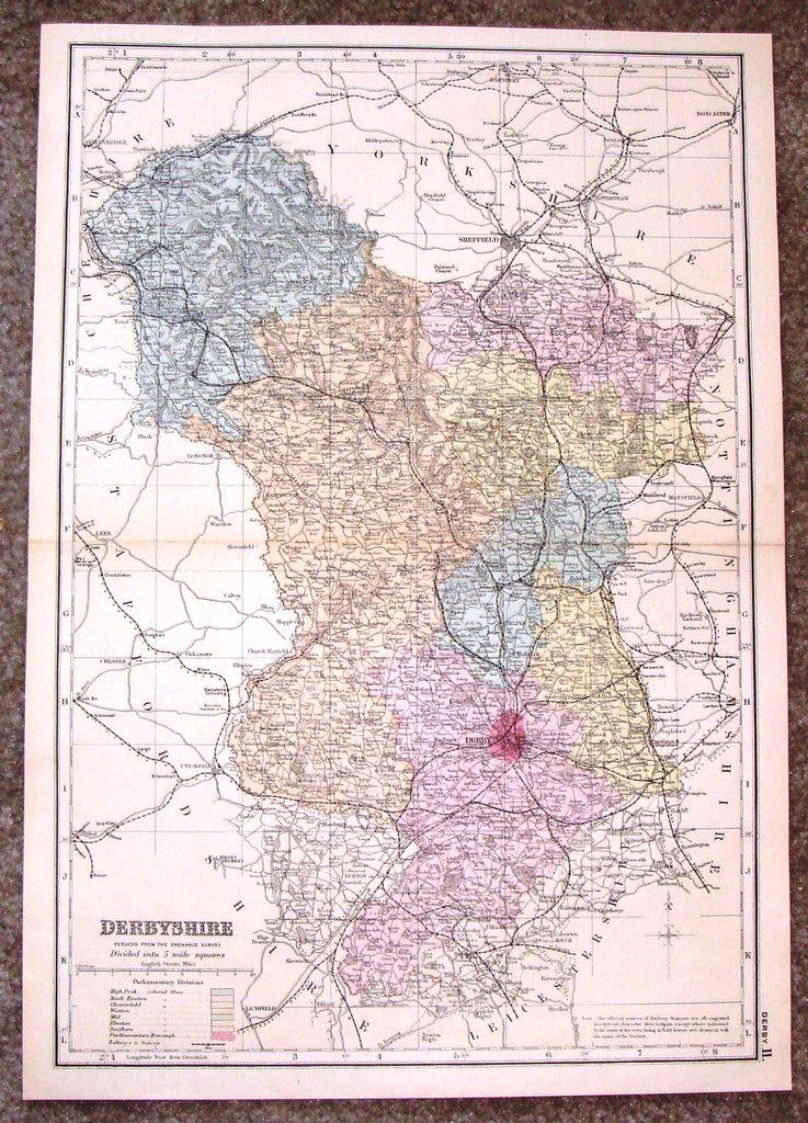 Antique Map - "DERBYSHIRE" by Bacon - Chromolithograph - c1880