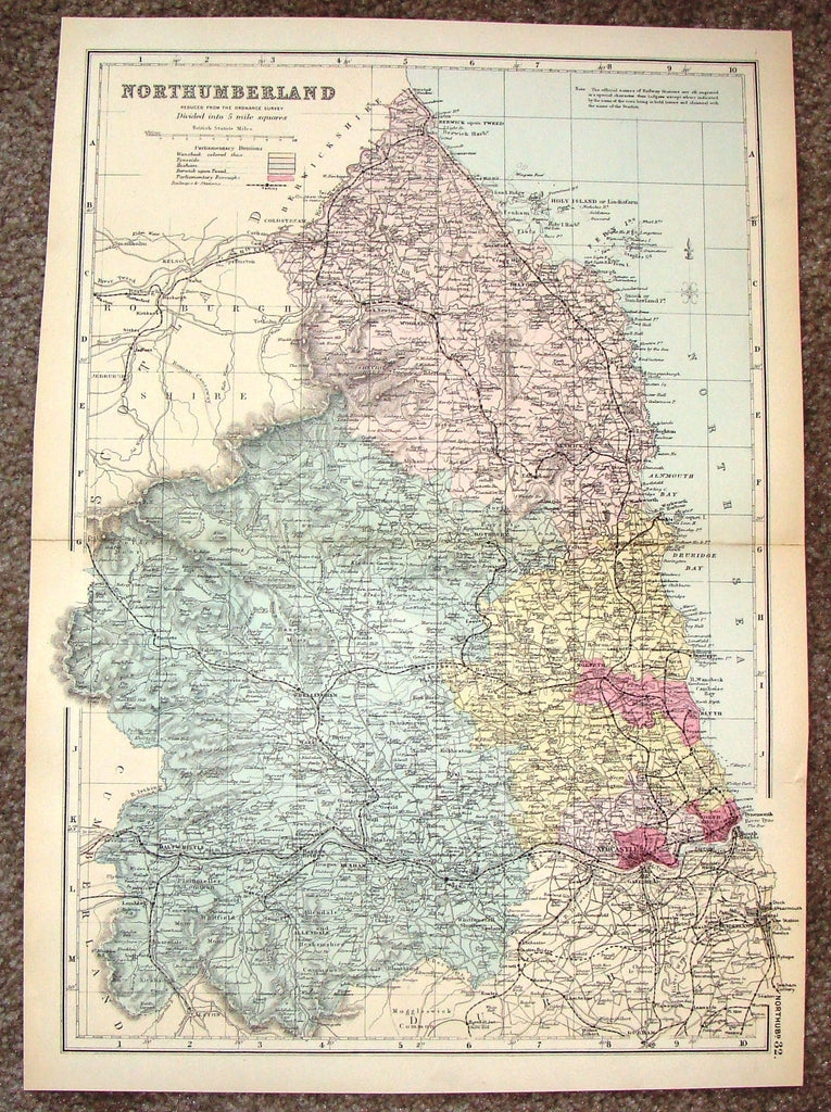 Antique Map - "NORTHUMBERLAND" by Bacon - Chromolithograph - c1880