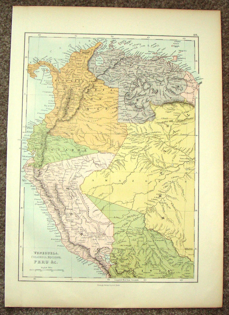 Antique Map - "VENESUELA, COLUMBIA, EQUADOR, PERU & C.by A.& C. Black - Chromolithograph - c1880
