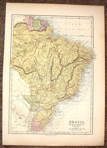 Antique Map - "BRAZIL, URUGUAY, PARGUAY & GUAYANA".by A.& C. Black - Chromolithograph - c1880