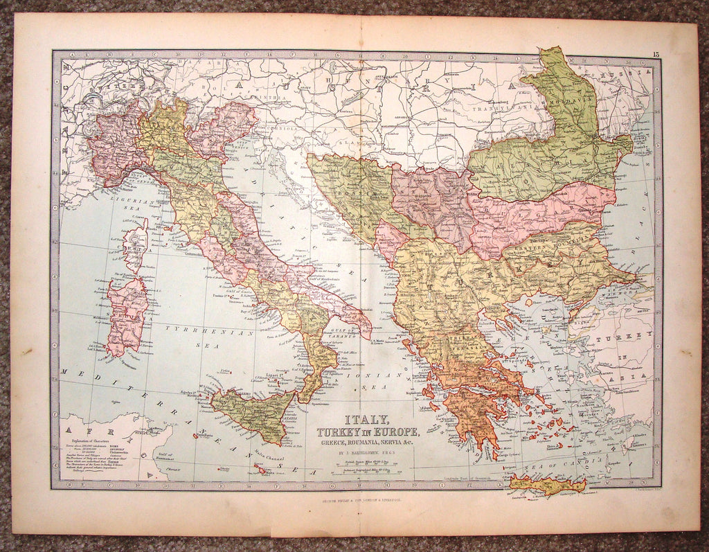 Antique Map - ITALY, TURKEY IN EUROPE, GREECE, ROUMANIA... by Bartholomew - Chromo - c1875