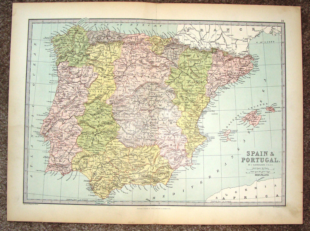 Antique Map - "SPAIN & PORTUGAL" by Bartholomew - Chromolithograph - c1875