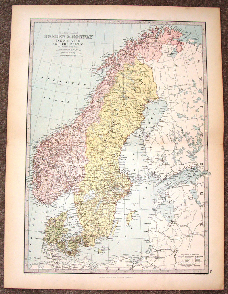 Antique Map - "SWEDEN & NORWAY, DENMARK AND THE BALTIC" by Bartholomew - Chromolithograph - c1875