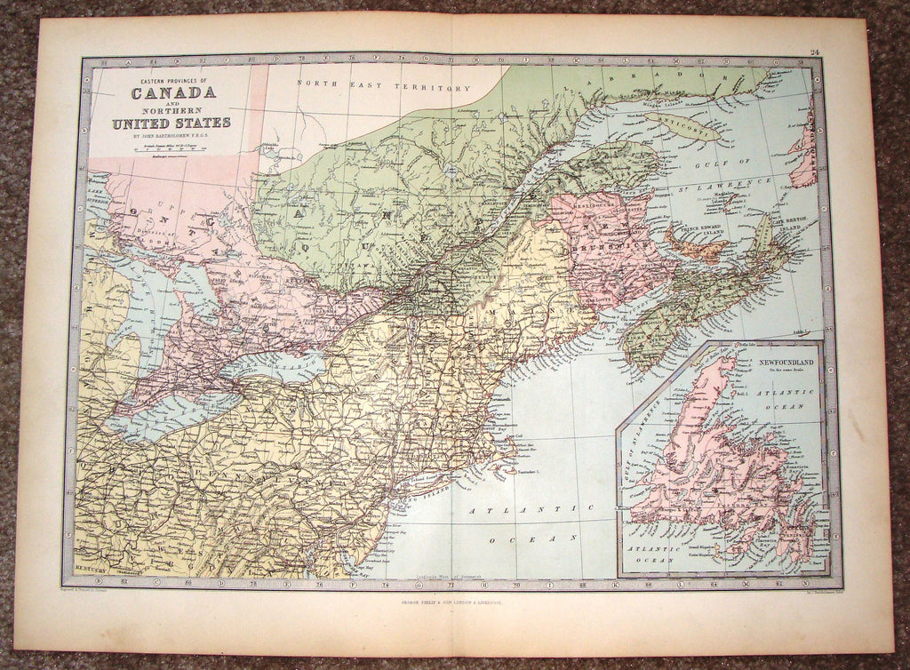 Antique Map - "CANADA AND NORTHERN UNITED STATES" by Bartholomew - Chromolithograph - c1875