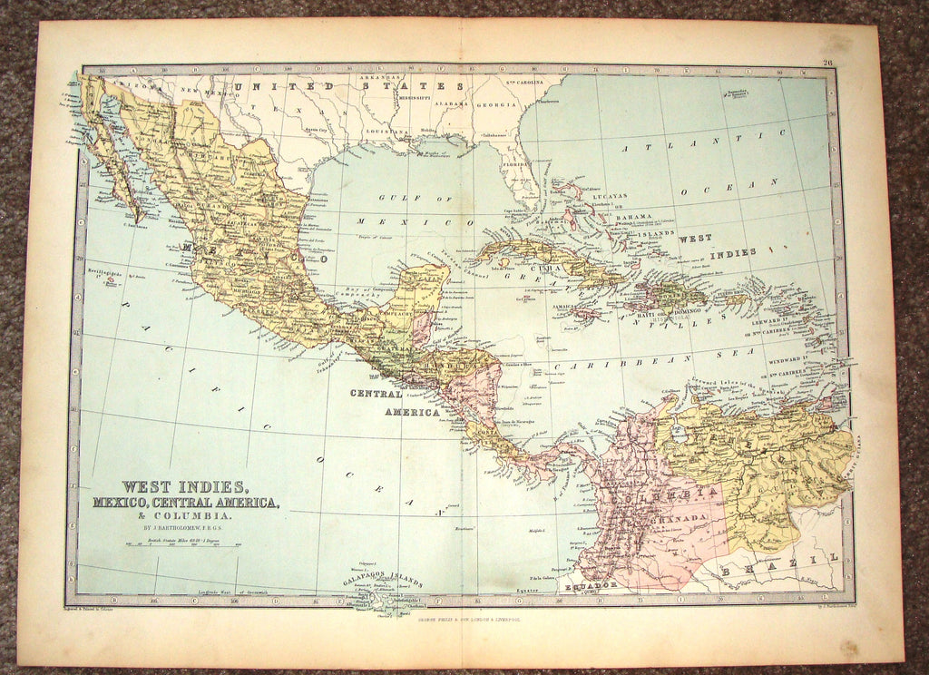 Antique Map - WEST INDIES, MEXICO, CENTRAL AMERICA... by Bartholomew - Chromo - c1875