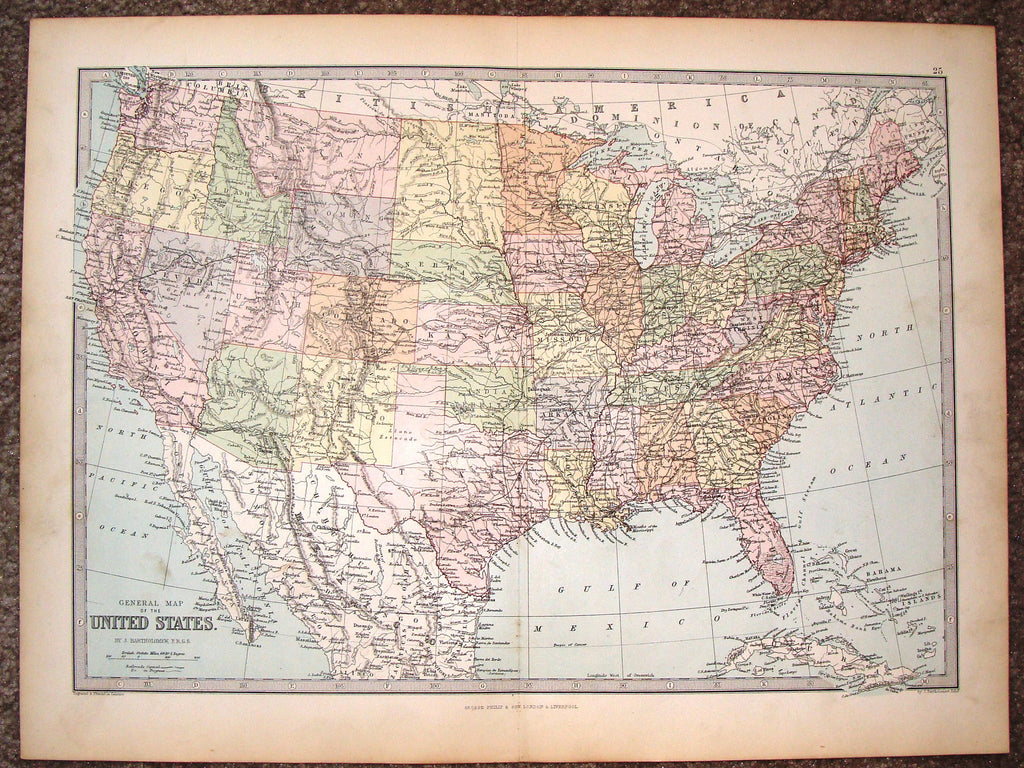 Antique Map - "GENERAL MAP OF THE UNITED STATES" by Bartholomew - Chromolithograph - c1875