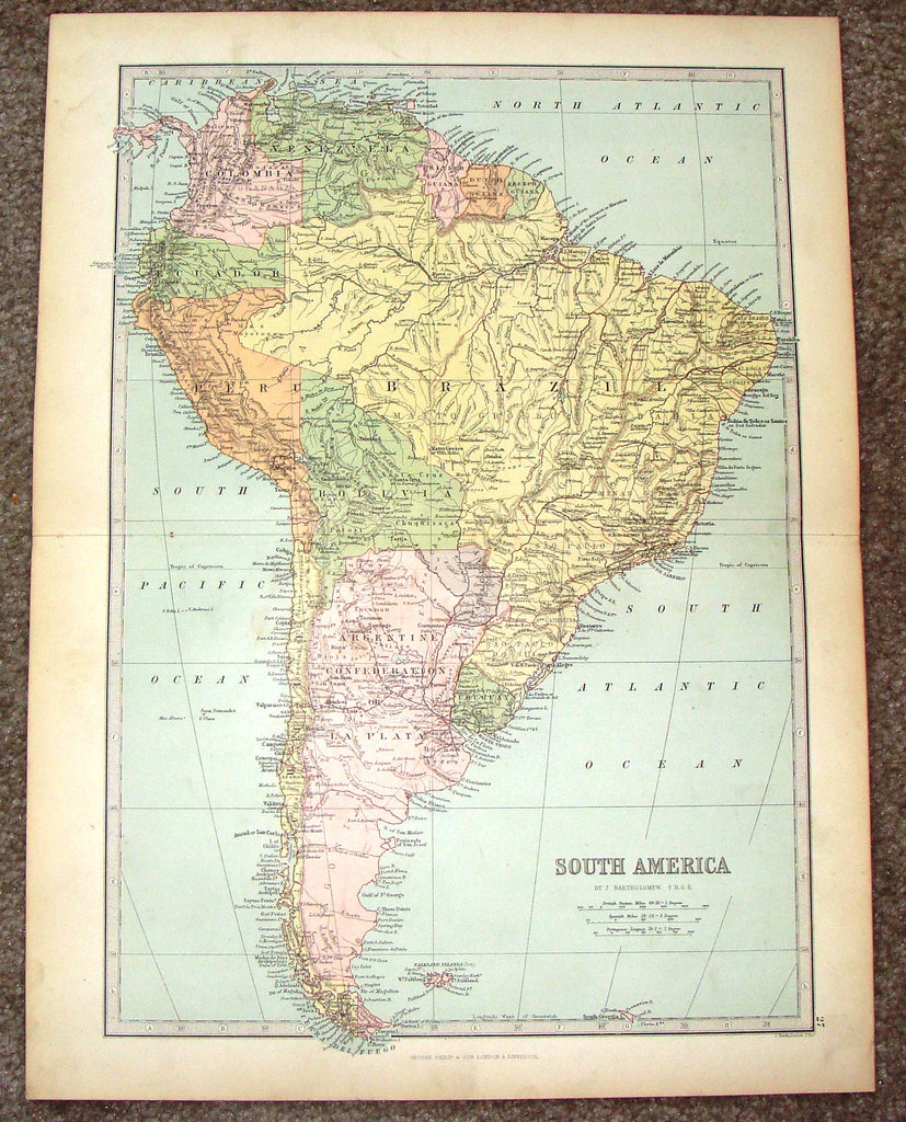 Antique Map - "SOUTH AMERICA" by Bartholomew - Chromolithograph - c1875