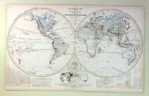 Petermann's Map - "OROGRAPHIC MAP OF THE GLOBE"  - H/C Eng. - 1850