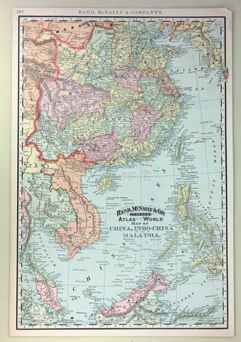 Rand-McNally's Atlas Map - "CHINA, INDO-CHINA & MALAYSIA" - Chromolithogrpah - 1903