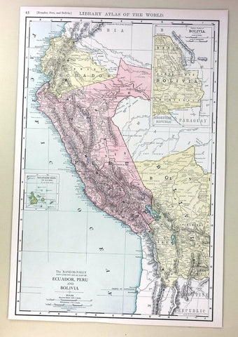 Rand-McNally's Atlas Map - "EQUADOR, PERU & BOLIVIA" - Chromo - 1912