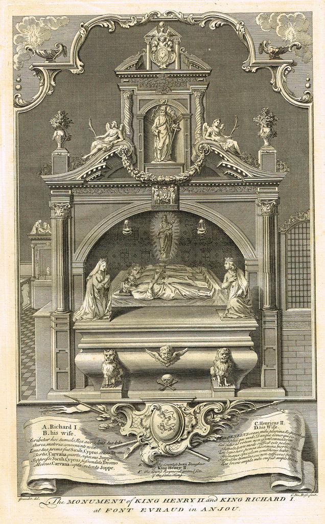 Vertue's Monuments - "KINGS HENRY II & RICHARD I (FONT EVRAUD IN ANJOU)" - Copper Engraving - 1732