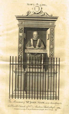Vertue's Monuments - "MR. JOHN STOW (ST. ANDREN UNDERSHFT CHURCH)" - Copper Engraving - 1732