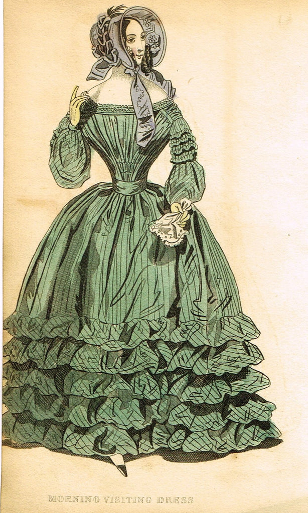 Lady's Cabinet Fashion Plate - "MORNING VISITING DRESS (Green)" - Hand-Colored Engraving - 1840