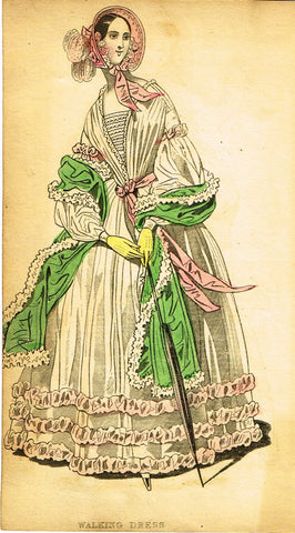 Lady's Cabinet Fashion Plate - "WALKING DRESS (WHITE)" - Hand-Colored Engraving - 1840