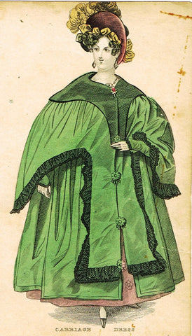 Lady's Cabinet Fashion Plate - "CARRIAGE DRESS (GREEN)" - Hand-Colored Engraving - 1840