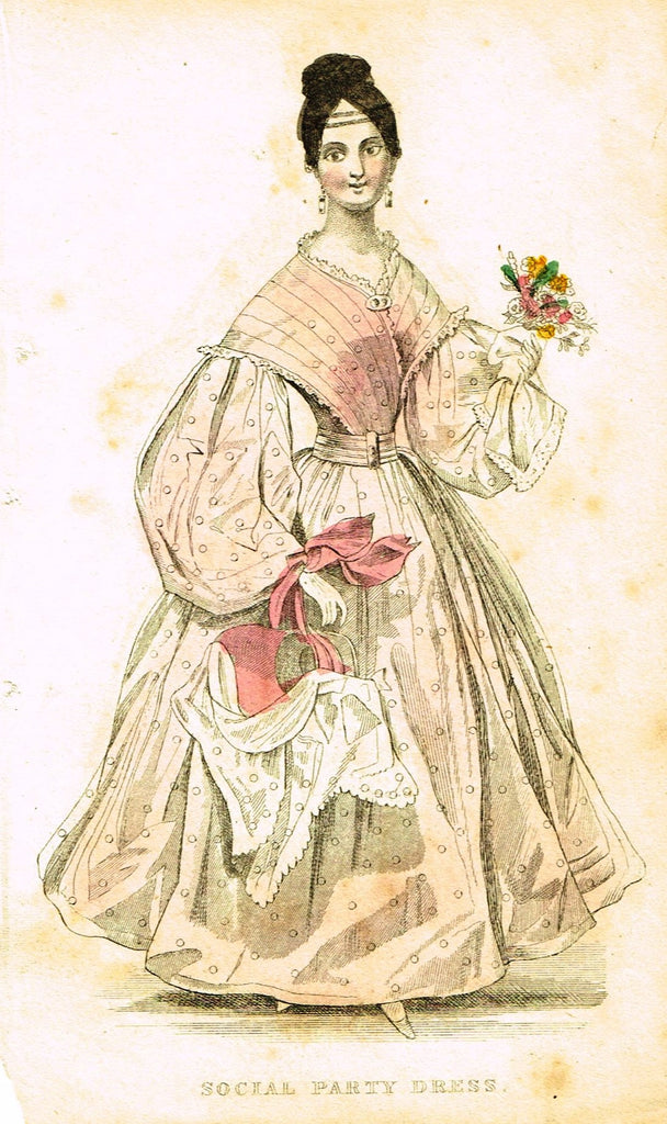 Lady's Cabinet Fashion Plate - "SOCIAL PARTY DRESS (WHITE)" - Hand-Colored Engraving - 1840