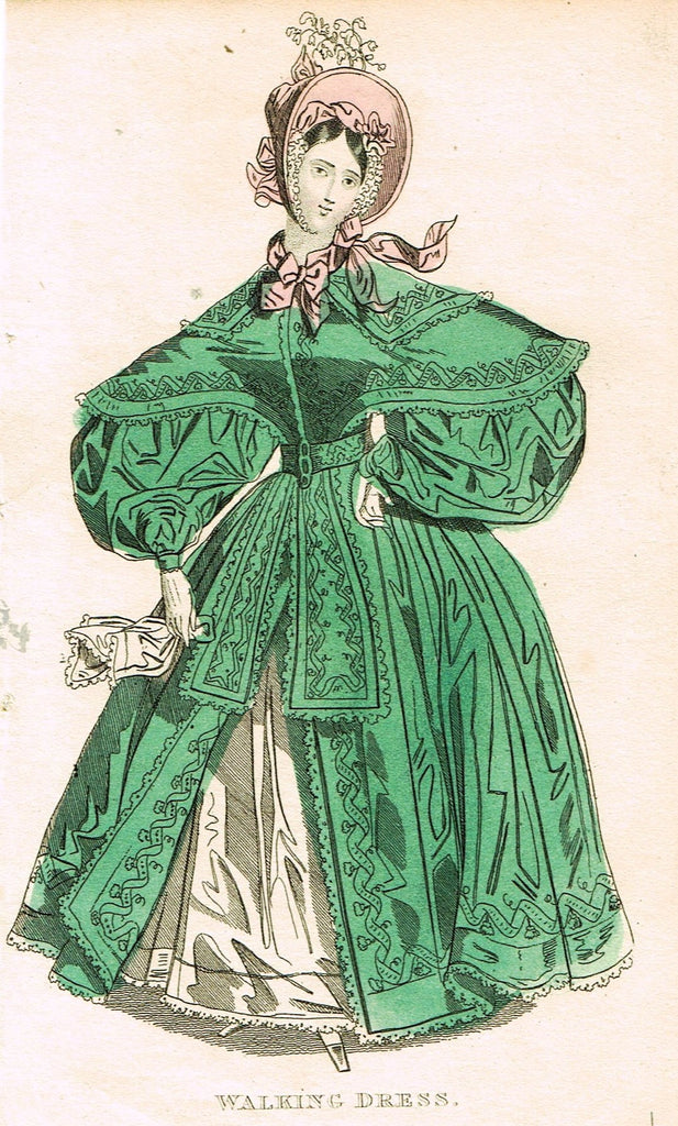 Lady's Cabinet Fashion Plate - "WALKING DRESS (GREEN)" - Hand-Colored Engraving - 1840