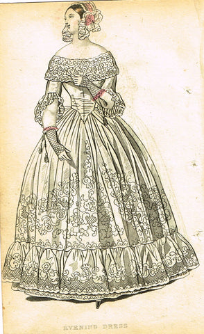 Lady's Cabinet Fashion Plate - "EVENING DRESS (WHITE)" - Hand-Colored Engraving - 1840